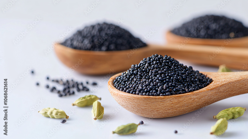 gourmet poppy seeds and cardamom pods on carved wooden spoons, on white background gourmet poppy seeds and cardamom pods on carved wooden spoons, on white background