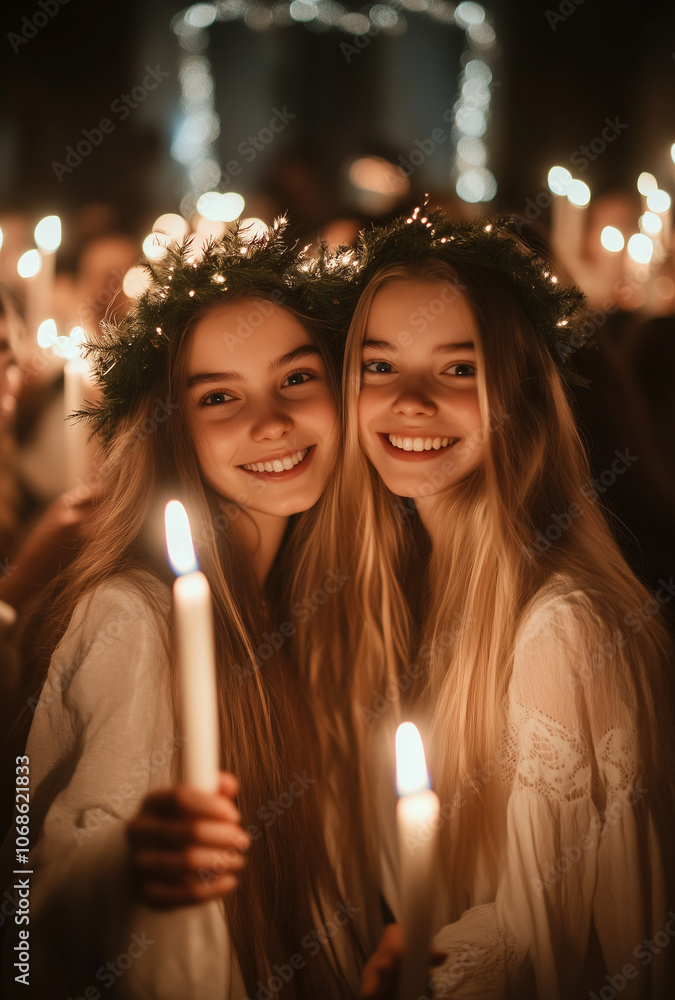 Two joyful girls dressed in traditional Santa Lucia attire, wearing white gowns and wreaths, taking a selfie surrounded by the warm glow of candlelight during a festive celebration. Two joyful girls dressed in traditional Santa Lucia attire, wearing white gowns and wreaths, taking a selfie surrounded by the warm glow of candlelight during a festive celebration.