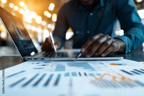 A person uses a laptop and pen to analyze financial graphs and charts on paper, illustrating the integration of technology and traditional data analysis methods. photo