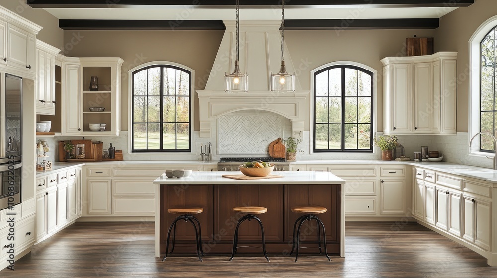 Modern Kitchen with White Cabinets, Arched Windows, and a Wooden Island Modern Kitchen with White Cabinets, Arched Windows, and a Wooden Island
