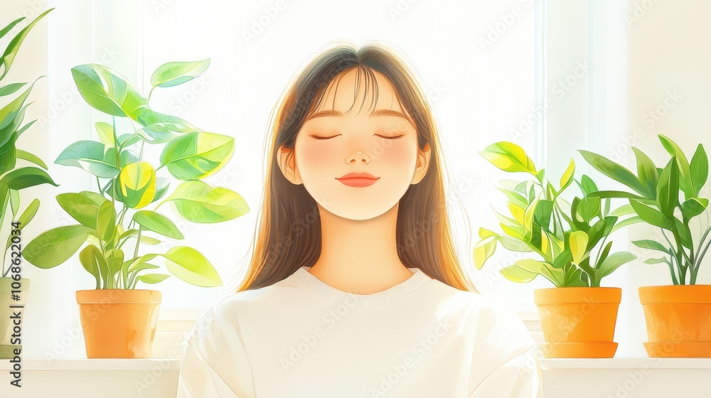 A serene young woman sits peacefully among potted plants, bathed in warm, natural light A serene young woman sits peacefully among potted plants, bathed in warm, natural light