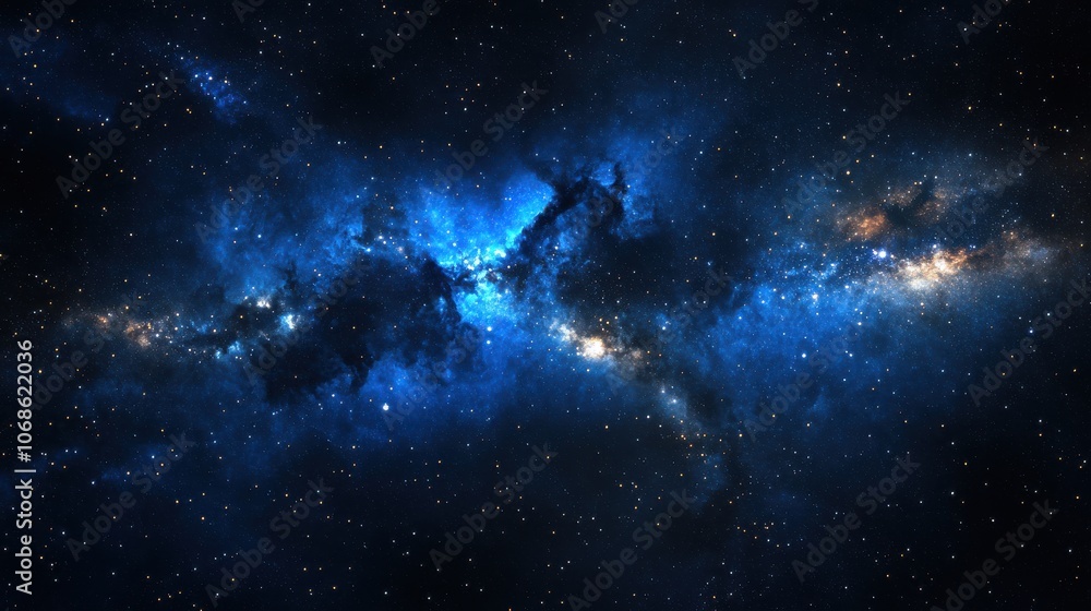 A stunning cosmic scene showcasing deep blue nebulae and luminous stars against a dark backdrop of space. A stunning cosmic scene showcasing deep blue nebulae and luminous stars against a dark backdrop of space.