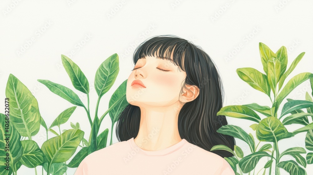 A serene illustration of a young woman with closed eyes, surrounded by lush green plants A serene illustration of a young woman with closed eyes, surrounded by lush green plants