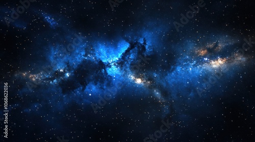 A stunning cosmic scene showcasing deep blue nebulae and luminous stars against a dark backdrop of space.