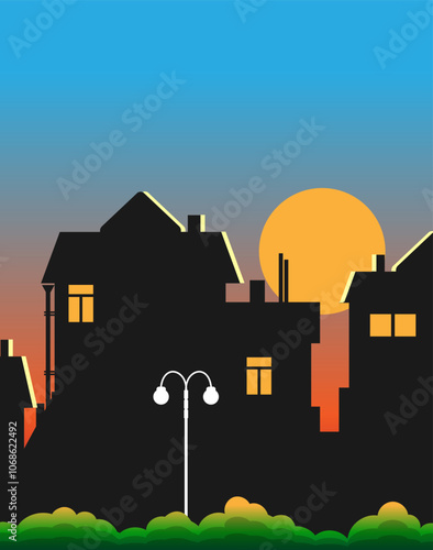 Sunrise. Fragment of the morning city. Silhouettes of houses, lantern, rising sun, bushes and roofs illuminated by the first rays. Vector illustration