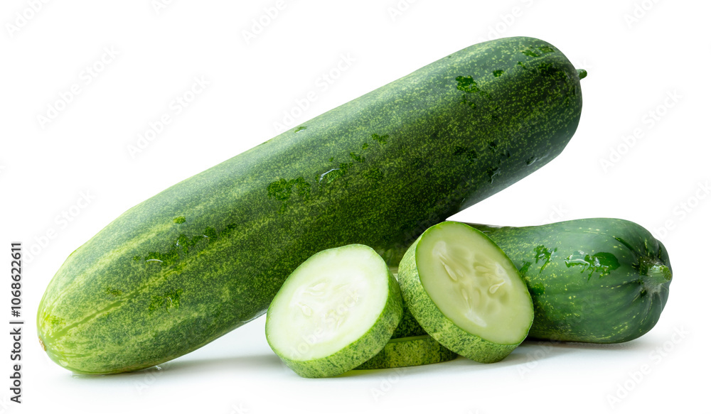 Side view of fresh green cucumber with slices in circle shape in stack isolated on white background with clipping path Side view of fresh green cucumber with slices in circle shape in stack isolated on white background with clipping path