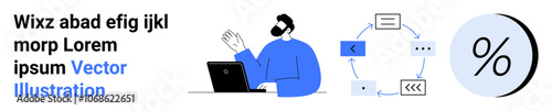Businessman working on laptop, process flowchart with arrows and boxes, percentage symbol. Ideal for business, analytics, technology, workflow, statistics, office setups, web design. Landing page