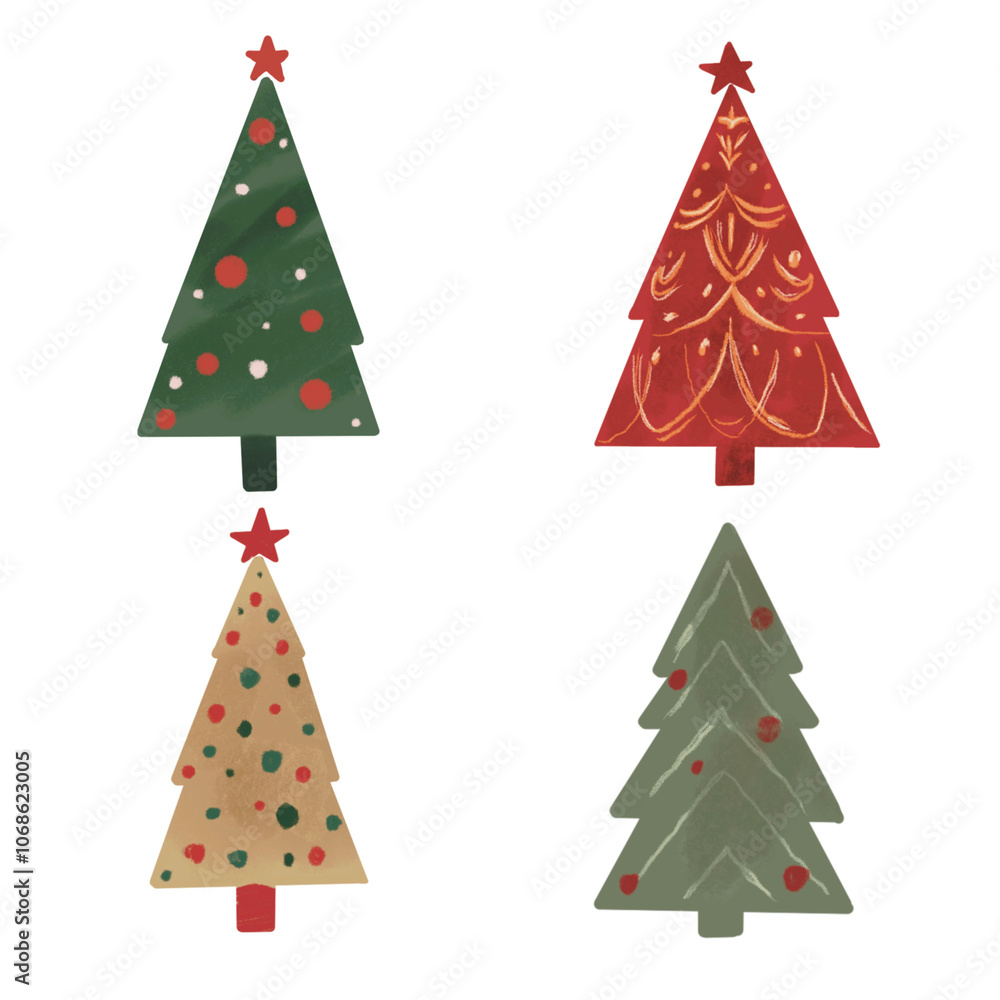 Christmas tree with vibrant red and green stylized trees, each decorated with ornaments. This design brings holiday cheer, perfect for wrapping paper, textiles, or seasonal decor. Christmas tree with vibrant red and green stylized trees, each decorated with ornaments. This design brings holiday cheer, perfect for wrapping paper, textiles, or seasonal decor.