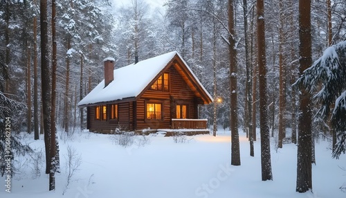 Cozy wooden cabin nestled in a snowy forest with warm light glowing from the windows.