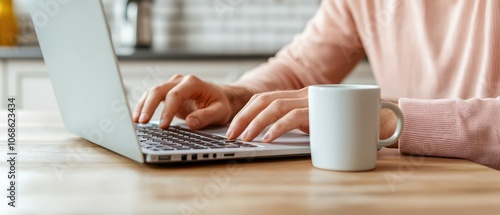 A person types on a laptop at a wooden table, with a white mug nearby.