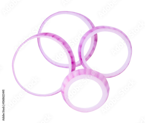 Top view of red onion slices or onion rings in stack isolated on white background with clipping path