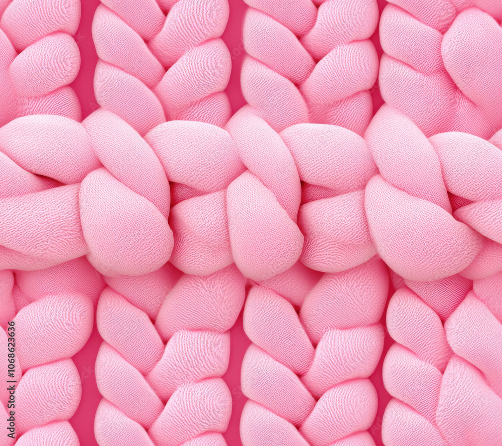 close up of soft, light pink knitted pattern with braided texture, creating cozy and warm feel. intricate design showcases detailed craftsmanship of fabric