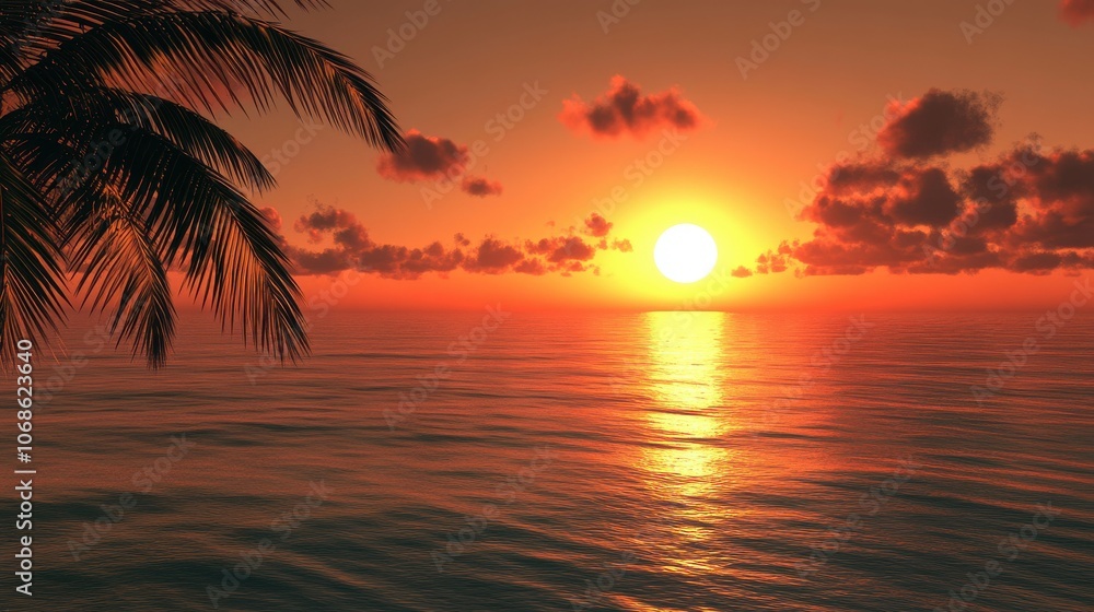 A serene sunset over a calm ocean, framed by palm leaves, casting warm hues of orange and pink across the sky. A serene sunset over a calm ocean, framed by palm leaves, casting warm hues of orange and pink across the sky.