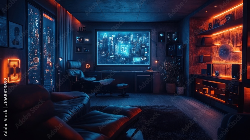 Modern Gaming Room with Night City View and Neon Lights Modern Gaming Room with Night City View and Neon Lights