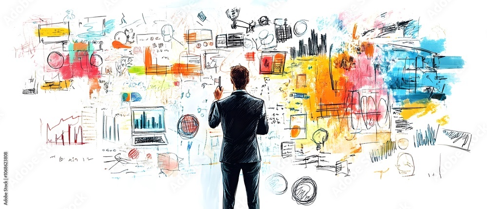 Man standing in front of a whiteboard with colorful sketches and diagrams. Man standing in front of a whiteboard with colorful sketches and diagrams.