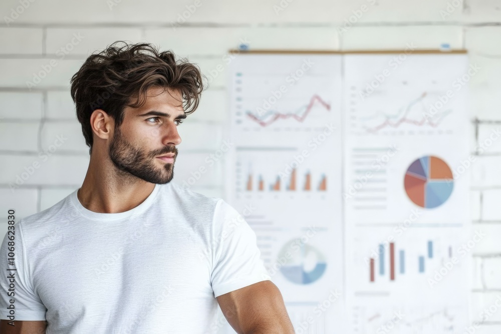 A man stands in front of a wall with various graphs and charts, reflecting strategic planning and analysis in a professional business environment. A man stands in front of a wall with various graphs and charts, reflecting strategic planning and analysis in a professional business environment.
