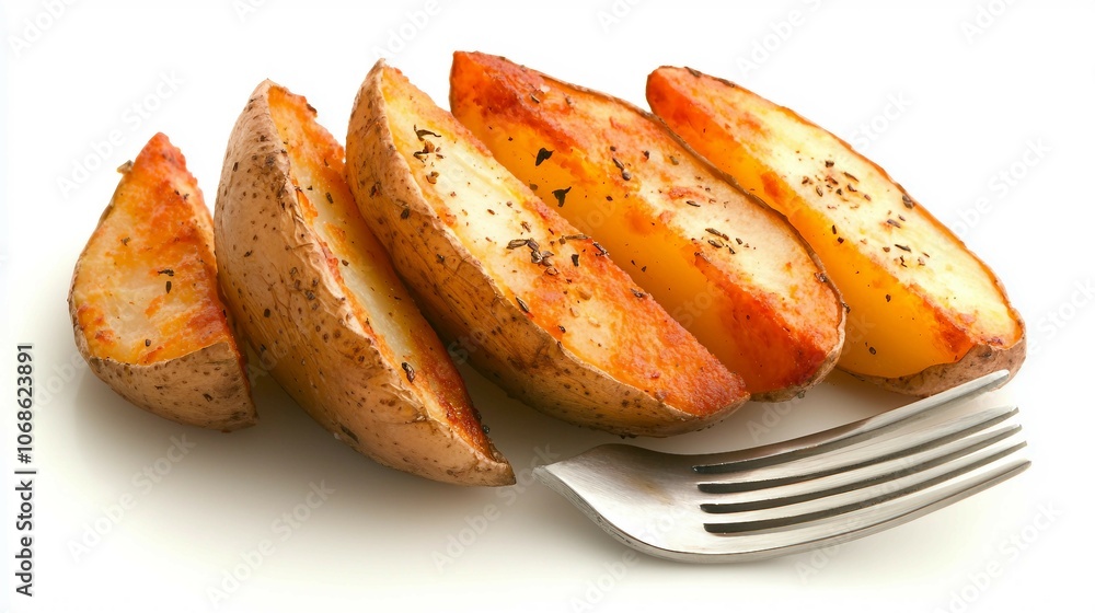 Potato Wedges with Fork on White Background Potato Wedges with Fork on White Background
