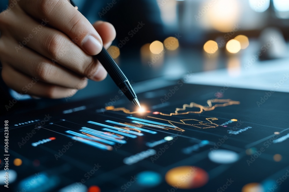 A hand using a pen to point at illuminated digital graphs and charts on a screen, seeking financial insights and performance metrics in a modern technological setting. A hand using a pen to point at illuminated digital graphs and charts on a screen, seeking financial insights and performance metrics in a modern technological setting.