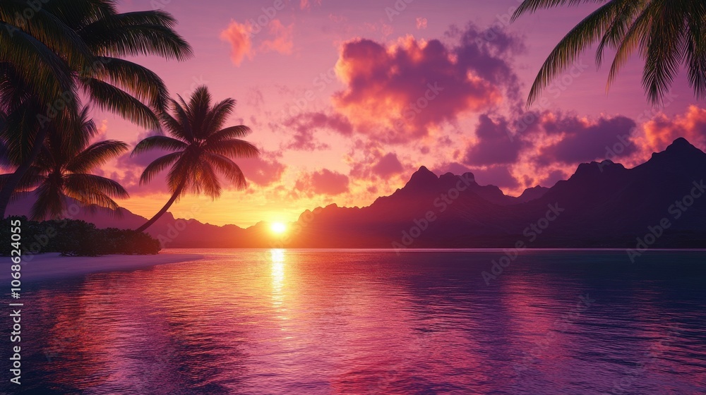 Serene sunset over a tranquil ocean, with palm trees silhouetted against a vibrant purple sky. Serene sunset over a tranquil ocean, with palm trees silhouetted against a vibrant purple sky.