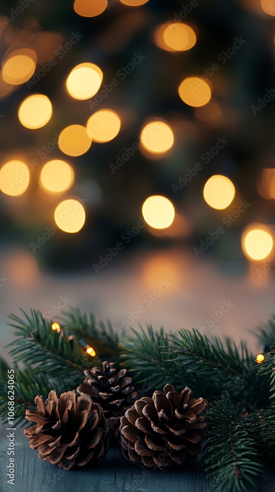 Pine Cone and Twinkling Lights Adorn a Festive Christmas Tree. A close-up shot captures the essence of Christmas with a pine cone nestled among the deep green branches of a Christmas tree. Pine Cone and Twinkling Lights Adorn a Festive Christmas Tree. A close-up shot captures the essence of Christmas with a pine cone nestled among the deep green branches of a Christmas tree.
