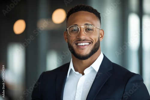 A confident man wearing glasses and a suit smiles warmly in an office setting, portraying professionalism, charisma, and approachability in a modern business environment.