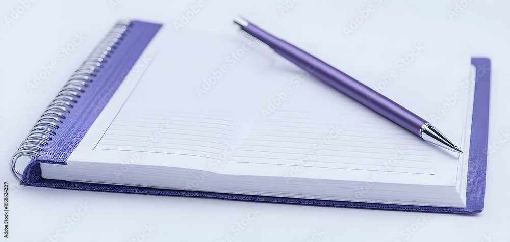 Purple notebook with pen lying on white surface. Purple notebook with pen lying on white surface.