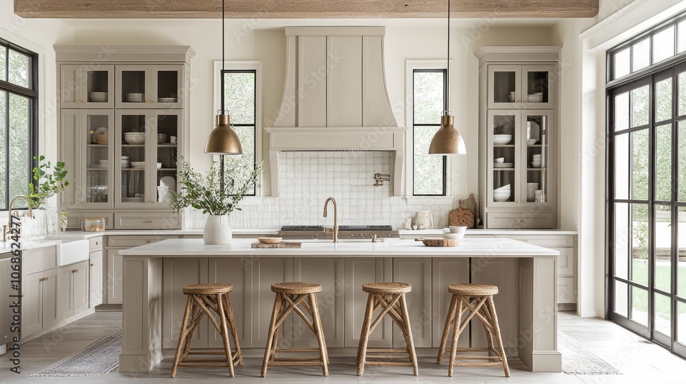 Fototapeta premium Contemporary Kitchen Island with Rustic Wooden Stools