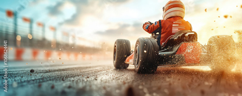 A dynamic go-karting scene captures a driver speeding on a track, with dust and debris flying, showcasing excitement and adrenaline in motorsport. photo