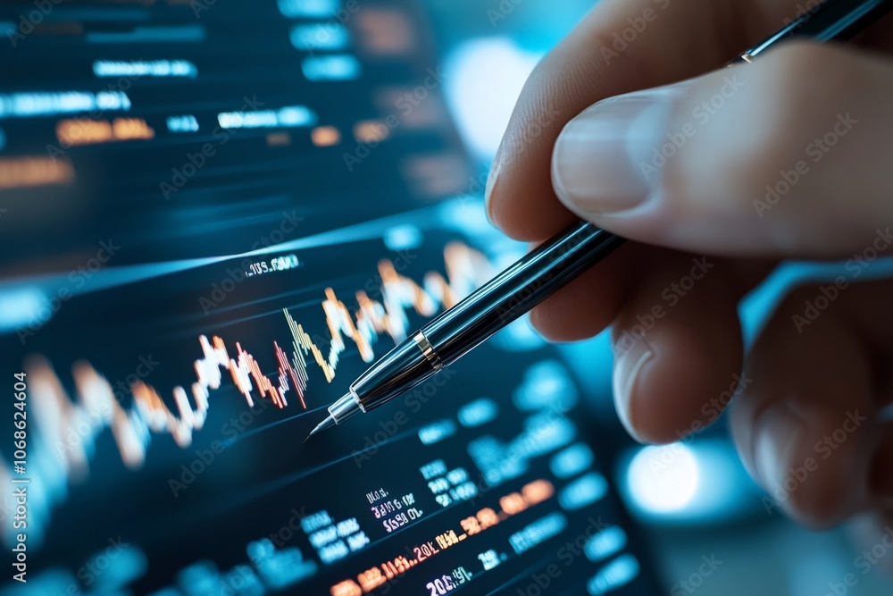 A detailed view of fluctuating stock data displayed on a high-tech screen, revealing market trends and analysis through vibrant, modern digital graphics. A detailed view of fluctuating stock data displayed on a high-tech screen, revealing market trends and analysis through vibrant, modern digital graphics.
