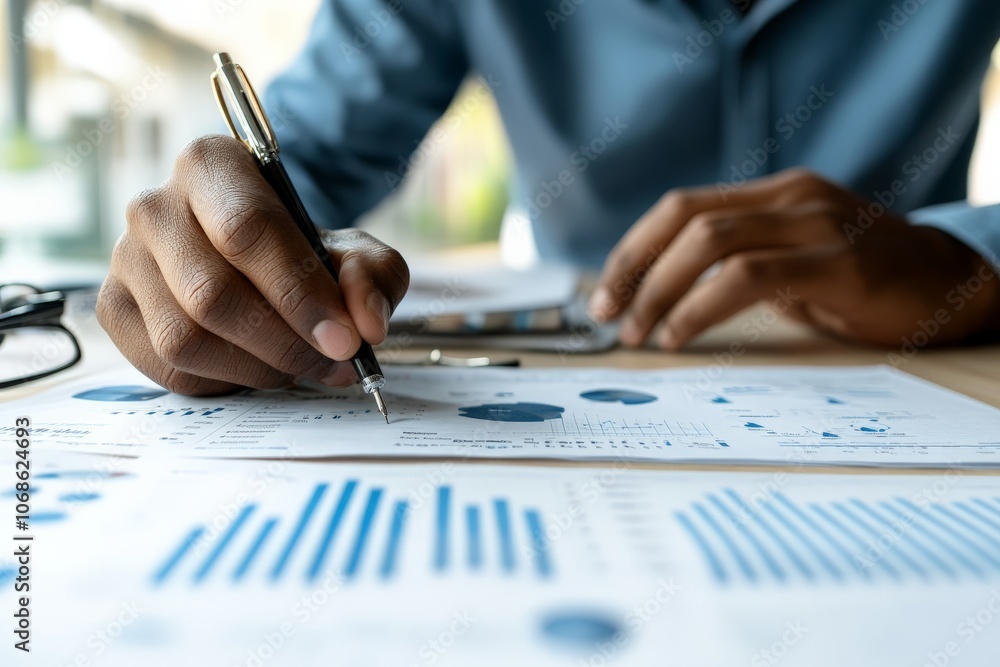 A close-up of a hand with a pen, focusing on the act of writing on printed business analytic reports, capturing detail and precision in financial documentation. A close-up of a hand with a pen, focusing on the act of writing on printed business analytic reports, capturing detail and precision in financial documentation.