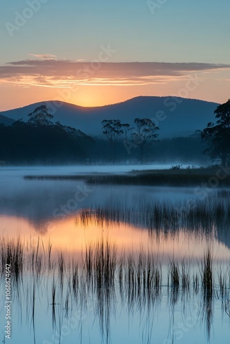 A serene sunrise over a tranquil lake surrounded by misty mountains