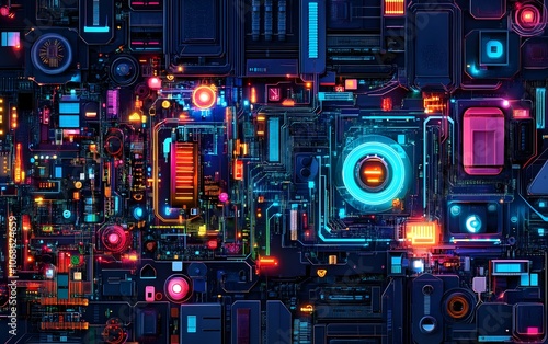 Vibrant and intricate circuit board design, featuring colorful lights and patterns, ideal for technology and digital themes.