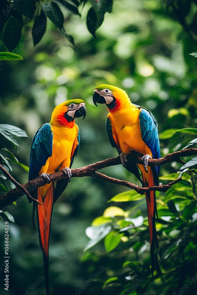 Vibrant tropical birds perched on lush jungle branches