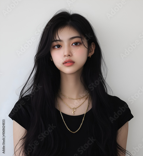 Wallpaper Mural beautiful Asian woman with delicate skin, holding her face in front of the camera and touching it gently on a white background.  Torontodigital.ca