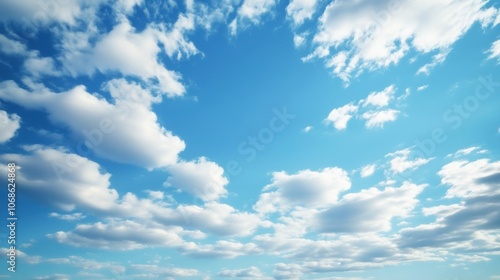 A serene blue sky filled with fluffy white clouds, creating a peaceful and uplifting atmosphere.