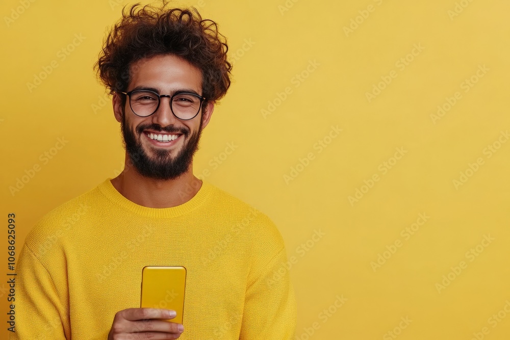 A cheerful man in a yellow sweater poses with a smartphone against a matching background, symbolizing happiness, technology, and modern lifestyle in vivid color. A cheerful man in a yellow sweater poses with a smartphone against a matching background, symbolizing happiness, technology, and modern lifestyle in vivid color.