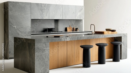Modern kitchen island with gray marble countertop, wooden cabinets, and black bar stools