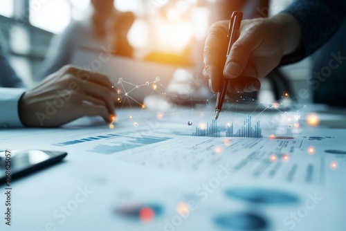 Hands pointing at a document with futuristic data visualizations, representing teamwork, innovation, and strategic planning in a technology-driven environment. photo