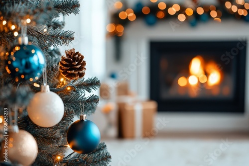 A decorated Christmas tree adorned with blue and white ornaments stands beside a fireplace, creating a warm and inviting holiday atmosphere. photo