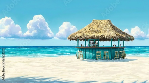 Tropical Beach Bar with Palm Thatched Roof and Blue Ocean.