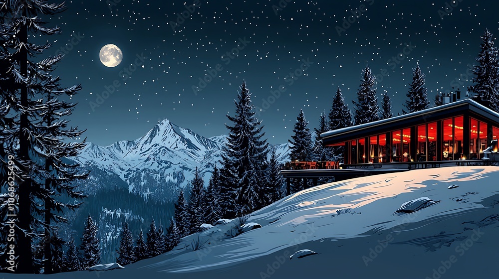 Cabin in the Woods at Night with Mountain View. Cabin in the Woods at Night with Mountain View.