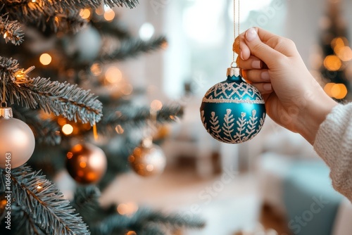 A close-up of a hand decoratively hanging a blue, intricate ornament on a beautifully lit Christmas tree, symbolizing festive traditions and warm holiday spirit. photo