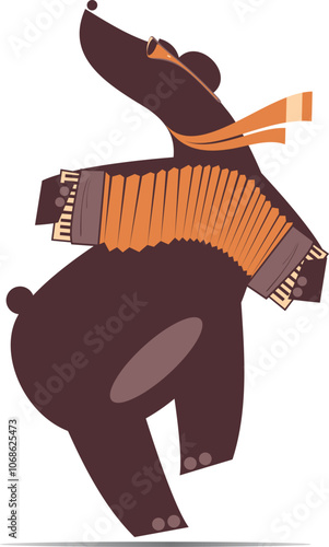 Cute bear playing accordion and singing. 
Cartoon bear performing music on the accordion with inspiration. Isolated on white background

