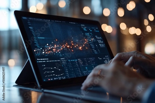 A digital tablet screen, turning complexity into insights with vibrant data analysis graphs and vibrant points, symbolizes tech-driven innovation and critical business decisioning. photo