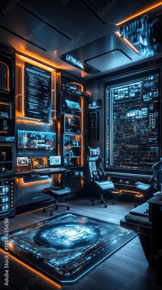 Obraz premium Futuristic Tech-Filled Office with Illuminated Interface