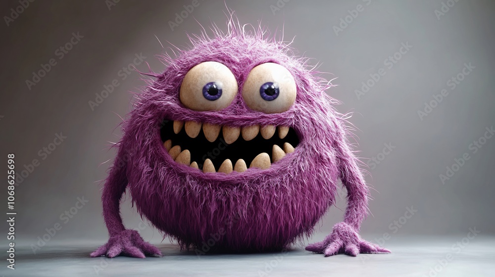 A cute and funny purple monster with big eyes and teeth smiles playfully against a gray background. A cute and funny purple monster with big eyes and teeth smiles playfully against a gray background.