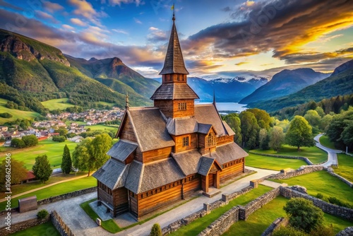 Stunning Aerial View of Lom Stavkyrkje: Norwegian Wooden Church Surrounded by Nature's Beauty photo