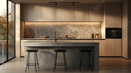 Wallpaper Mural Modern Kitchen Island with Three Black Stools Torontodigital.ca