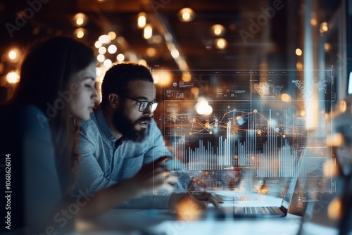 Two people collaborate intensely at a computer displaying a digital chart, within a warmly lit tech environment, highlighting teamwork, innovation, and technology trends.