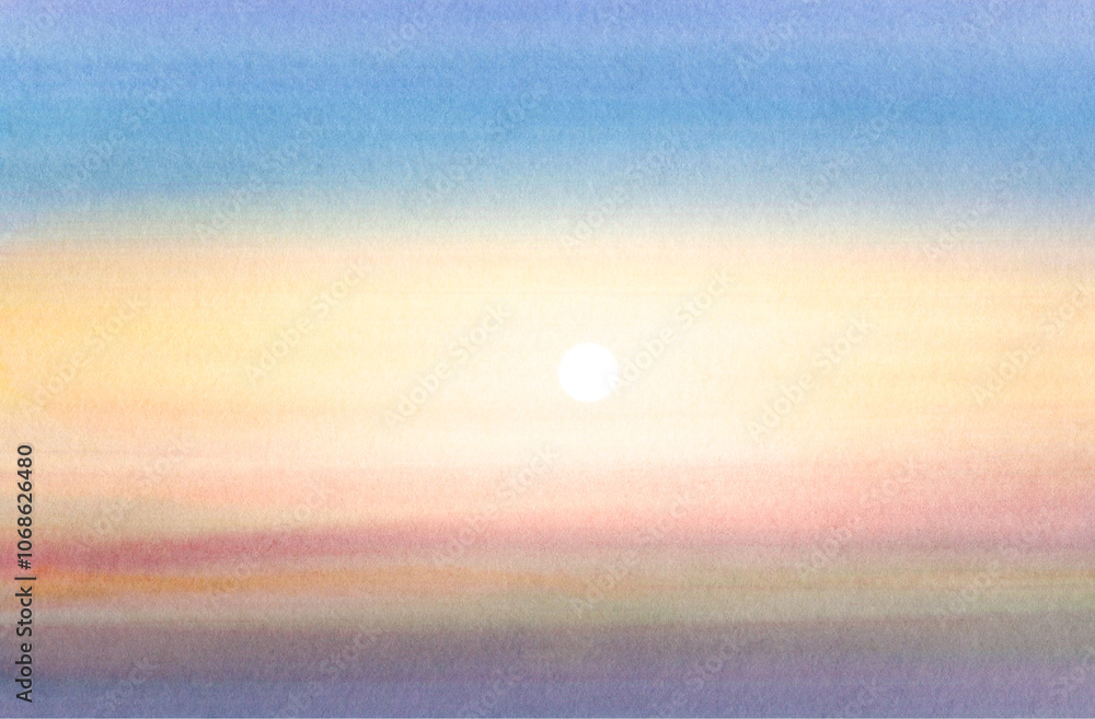 Painting of a sunset with a sun in the sky